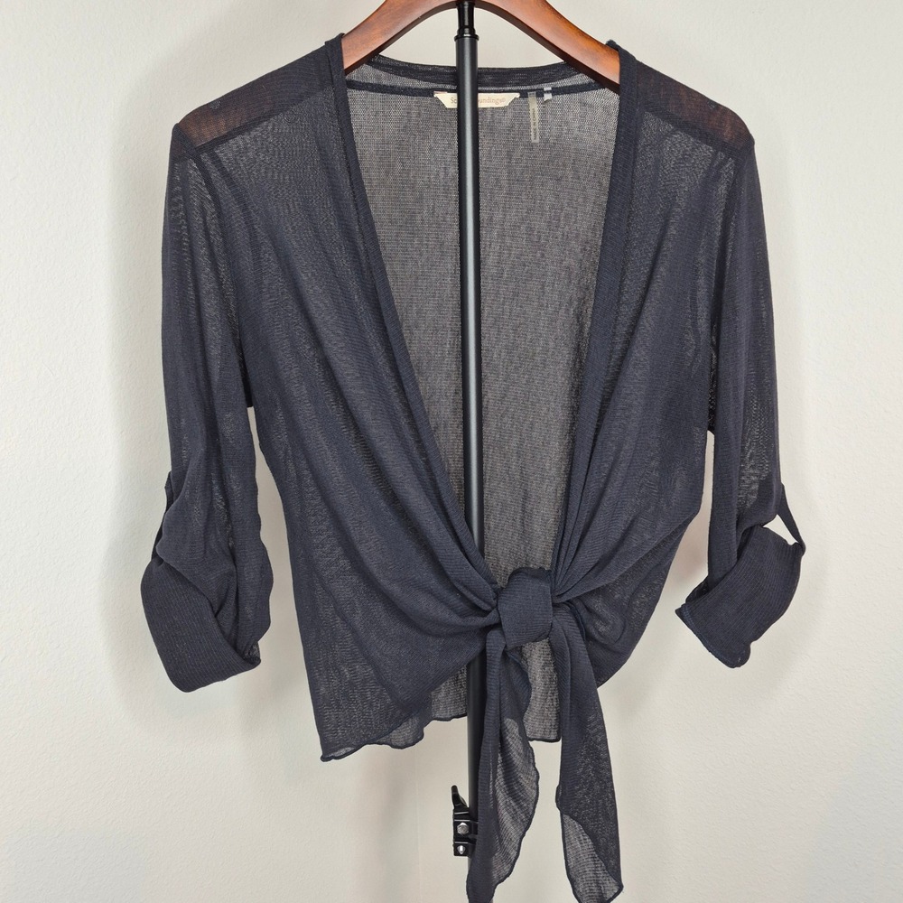 Soft Surroundings Bolero Charcoal Gray Sheer Knit Tie Front Mesh Shrug M Beach